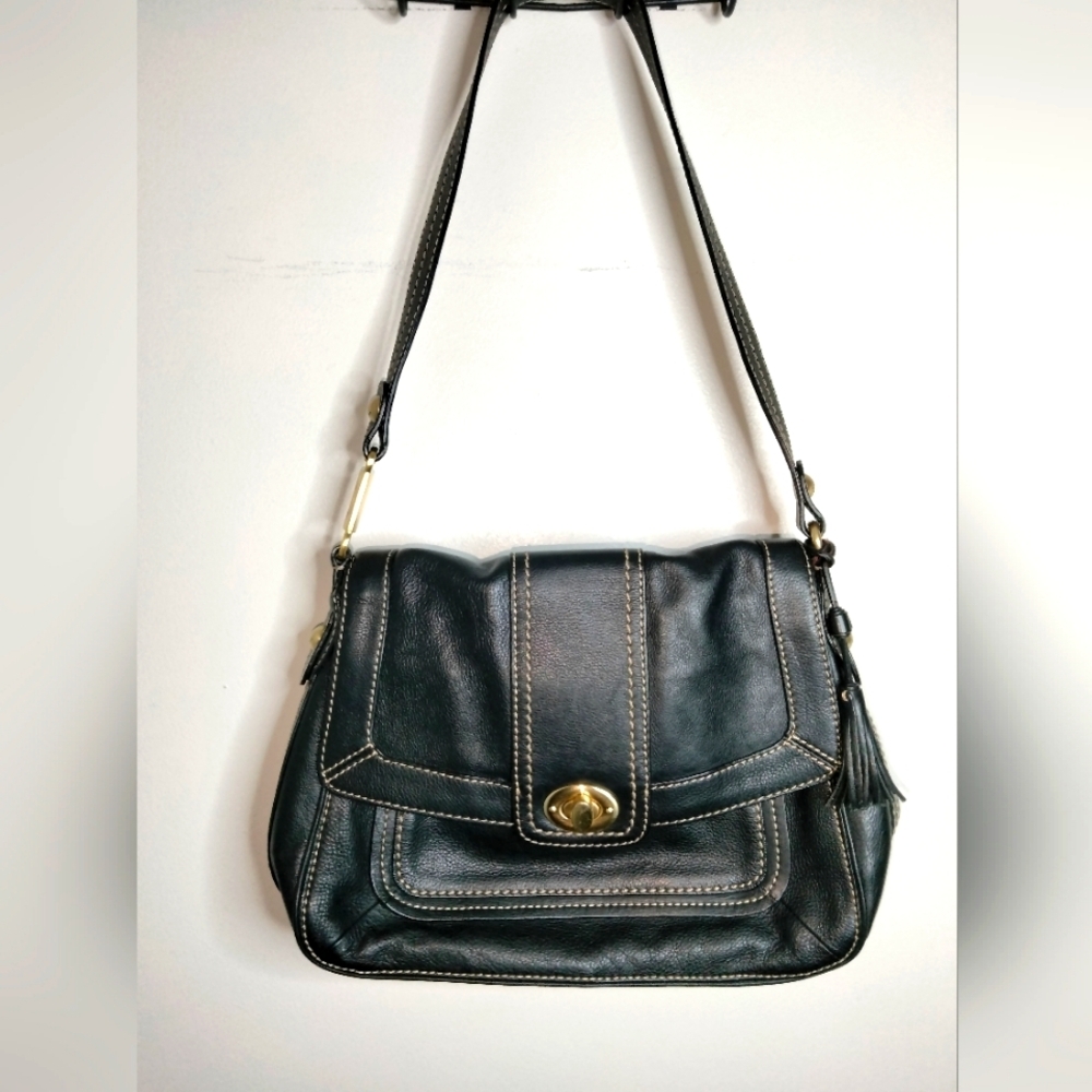 The Sak (Black) Leather Gold Accent Logo Fold Over Flap Side Tassel Shoulder Bag